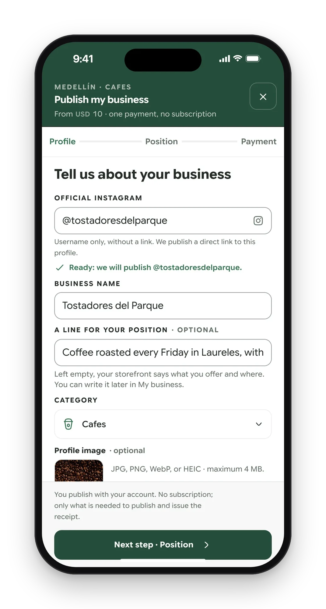 The publish form on a phone, filled in for a sample café