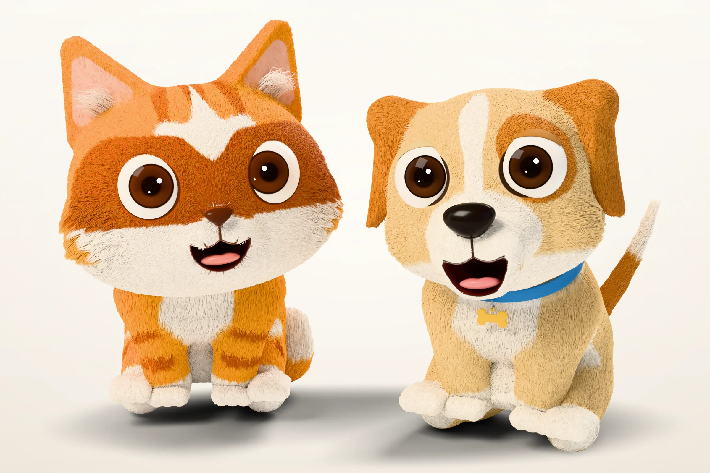 The puppy from the logo, a cream mixed breed with caramel ears, a blue collar and a yellow bone tag, sitting beside Dasha, both smiling at the camera