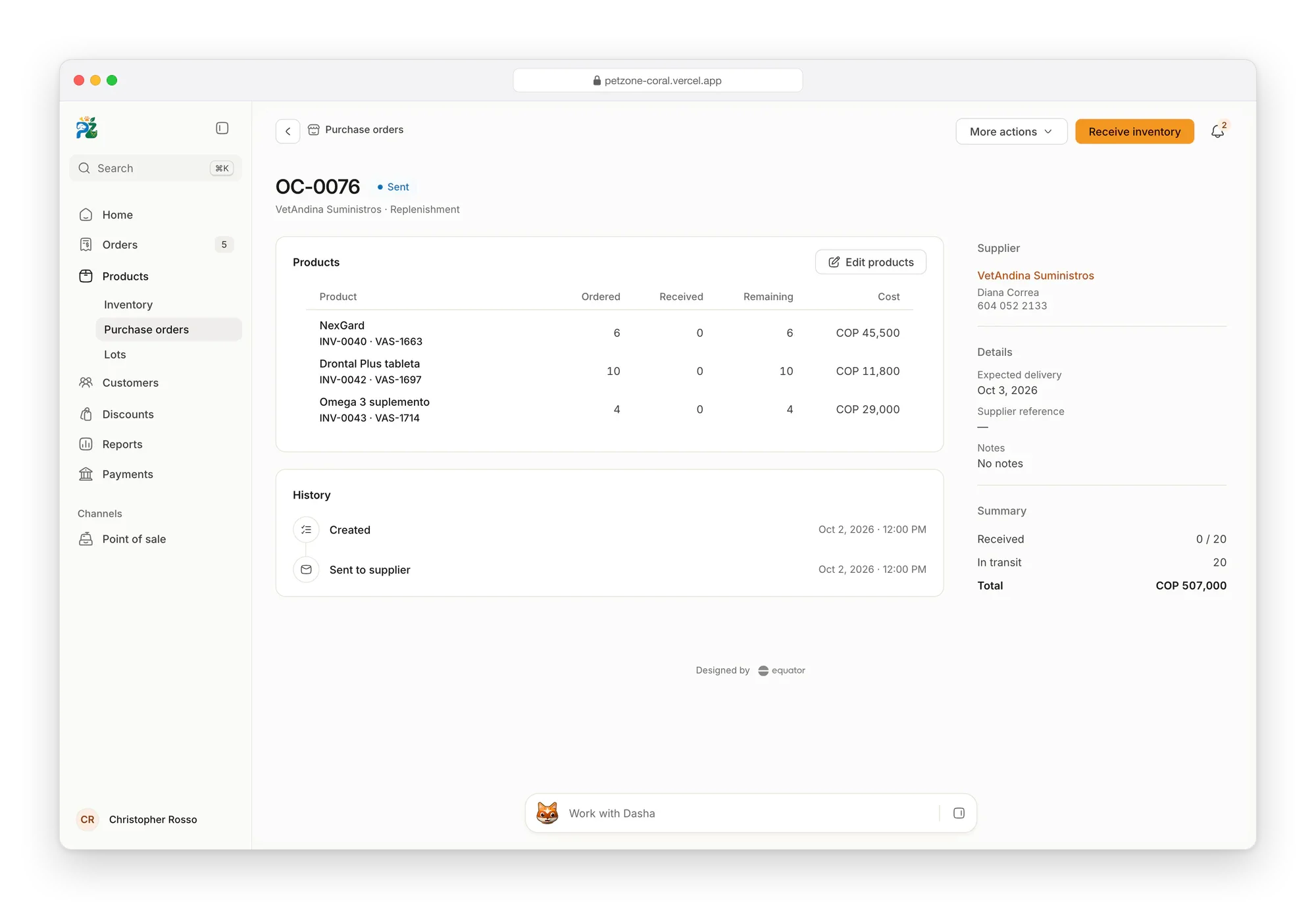 Petzone purchase order, sent: three products ordered and none received yet, with their cost, the supplier and expected delivery beside them, and a button to receive inventory