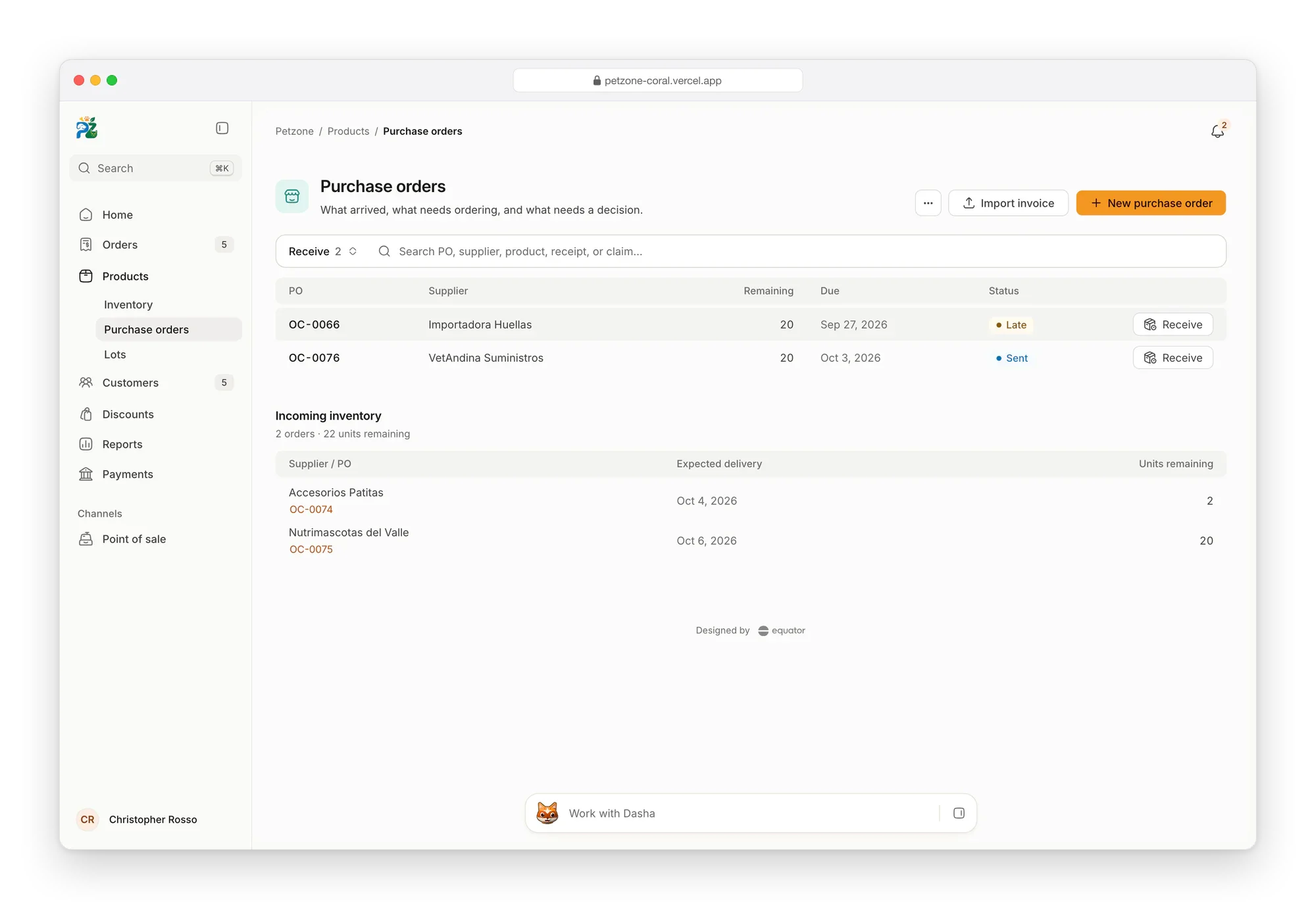 Petzone purchase orders: two orders to receive, one of them late, and the inventory on its way from two more suppliers, with their expected delivery dates