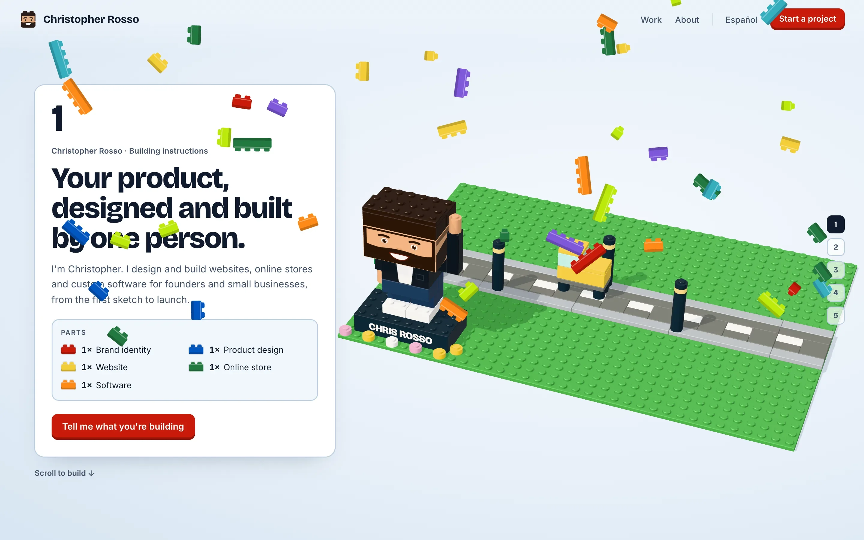 Loose bricks in many colours tumbling down over the home page, past the headline and the brick town