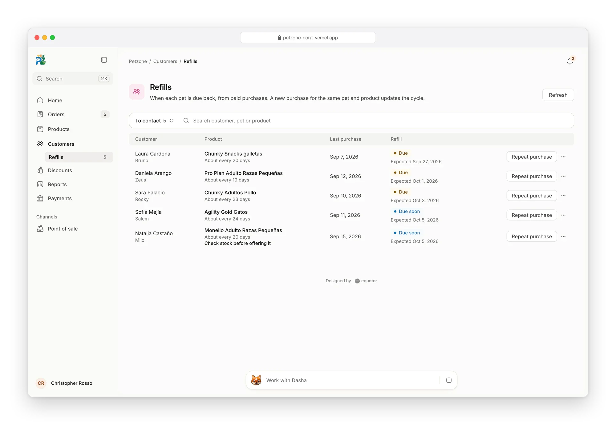 Petzone refills: pets due to restock a product, with the last purchase, how often it's bought and the estimated refill date, a button to repeat the purchase and a WhatsApp draft in each row's menu