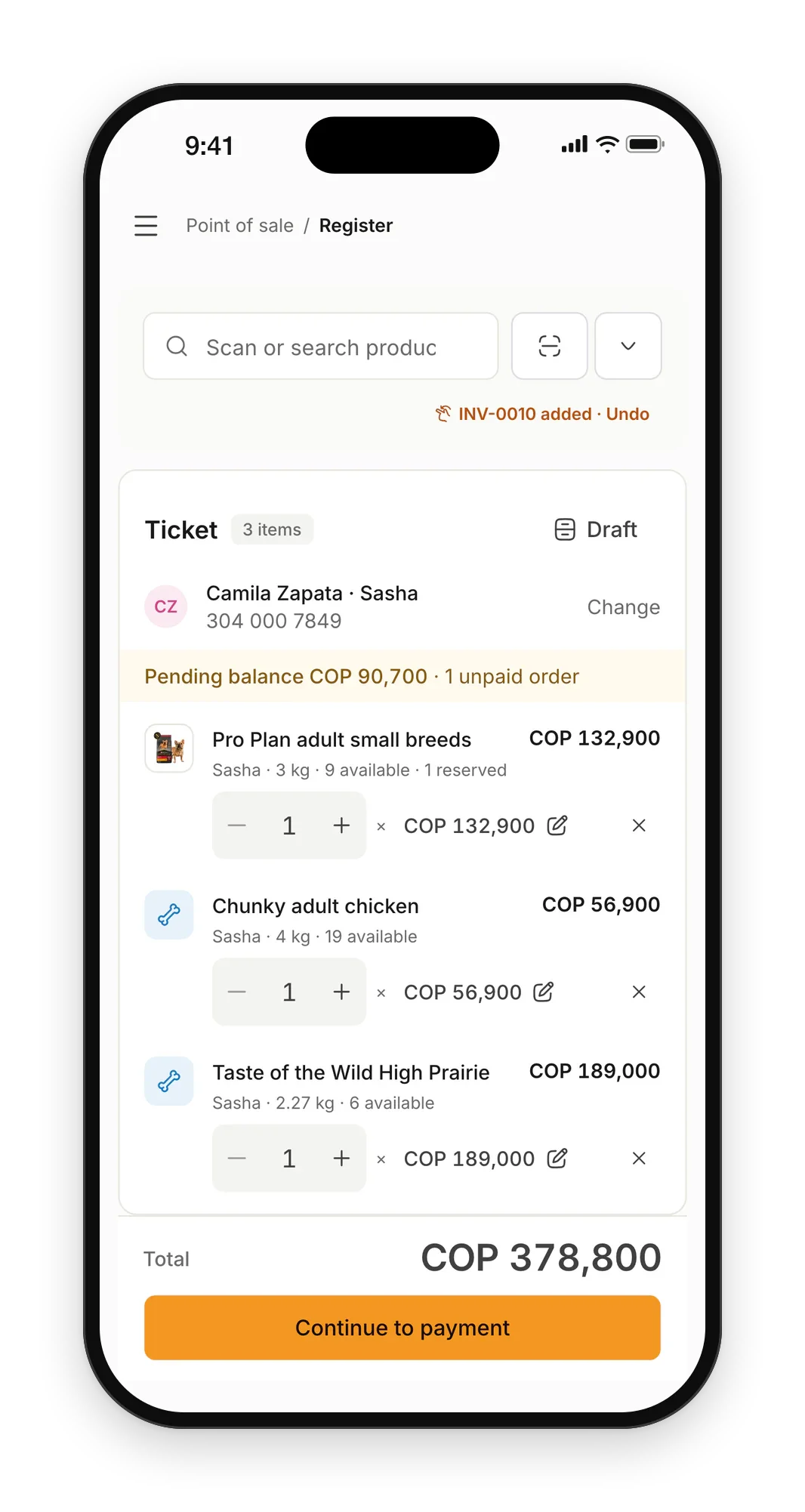 Petzone register on a phone: search and scan, a three-item ticket for a customer and their pet, and the total above a button to continue to payment