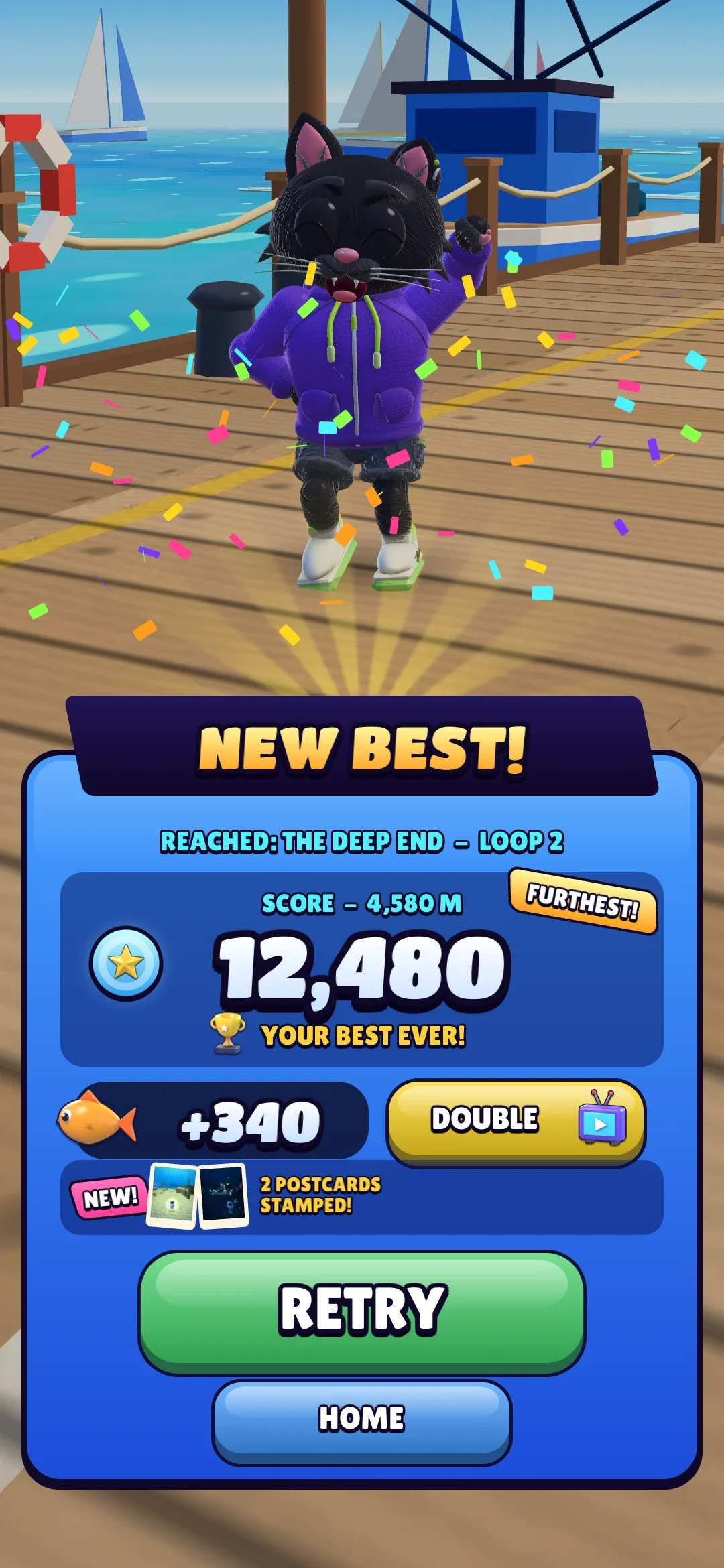 An endless run ends: NEW BEST! with the score, the place reached on the second loop, the fish earned and two postcards stamped