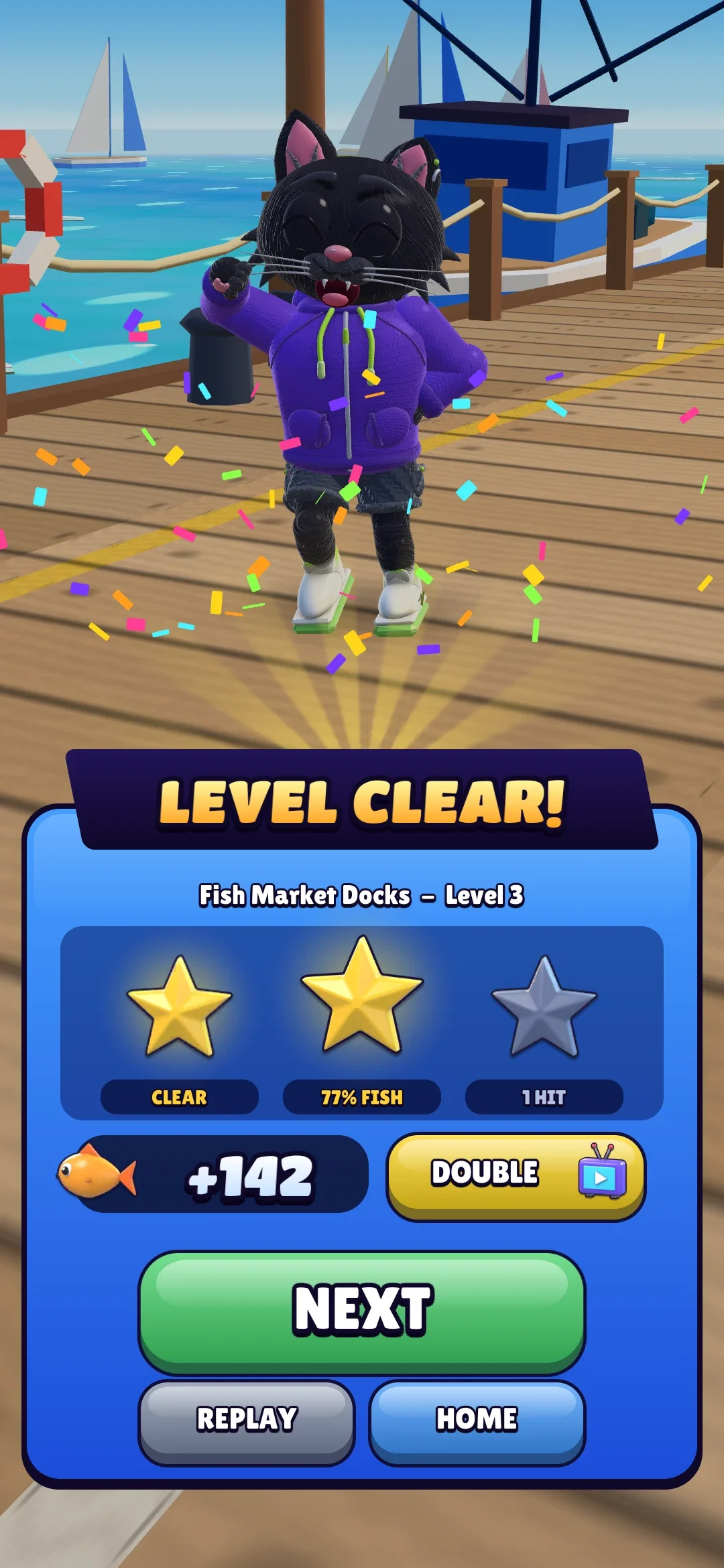 Level clear: two of three stars, the fish earned and a button to double them with an ad, with Jinx dancing in confetti above