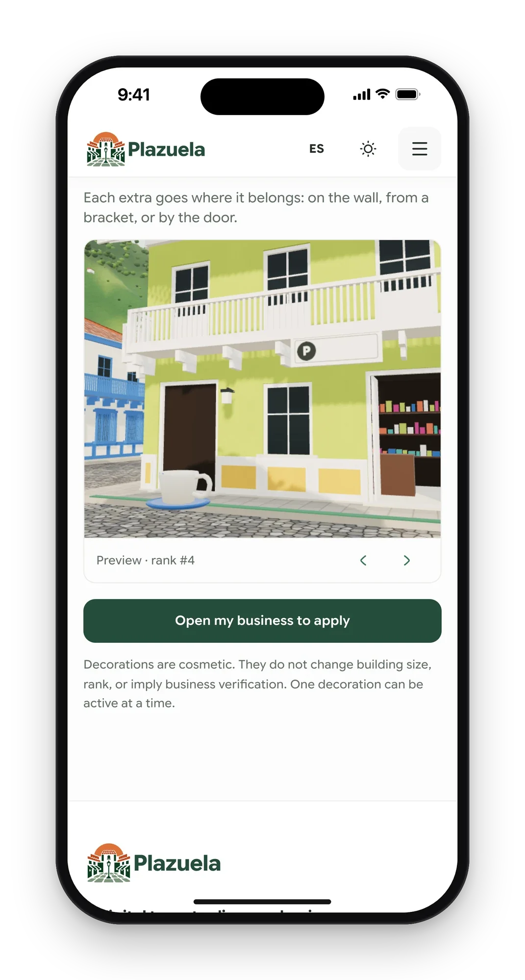 A storefront with a coffee cup decoration previewed in 3D on a phone