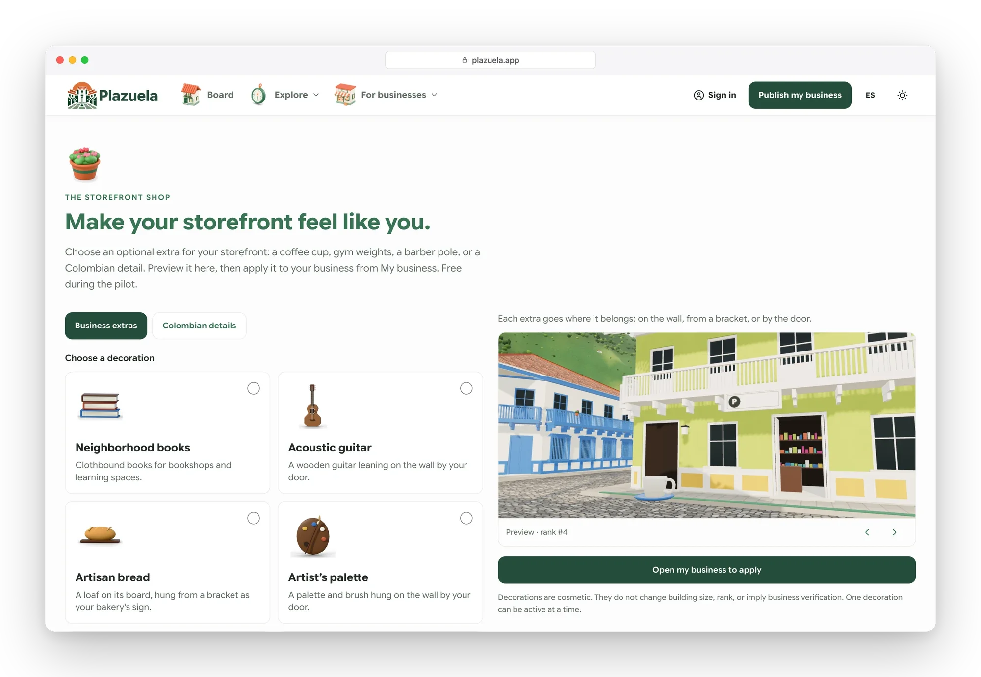 Plazuela storefront shop with decoration cards and a 3D preview of a storefront with a coffee cup by the door