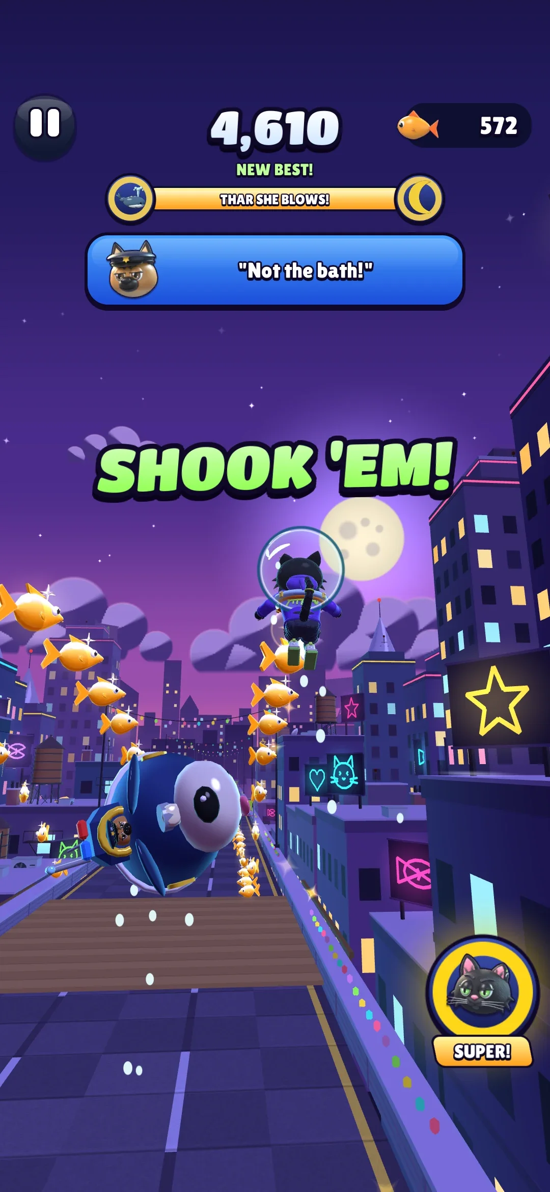 Jinx in slow motion at the top of the whale's spout, high over the rooftops at night, with SHOOK 'EM! on screen and the Dog Squad's submarine flipped over below