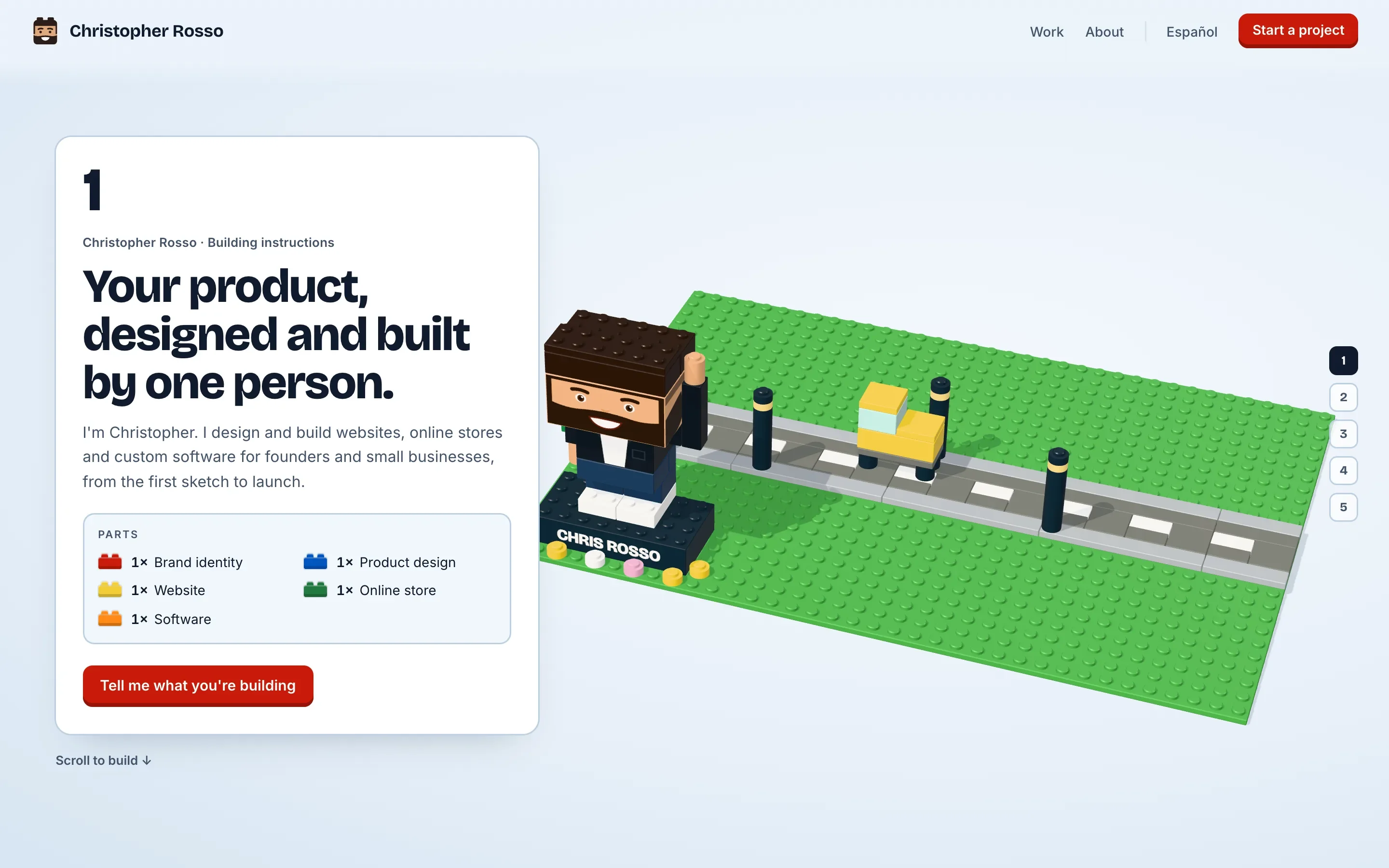 The home page: step 1 of the booklet beside a brick baseplate with a street, a taxi and a brick figure of me waving from a stand with my name