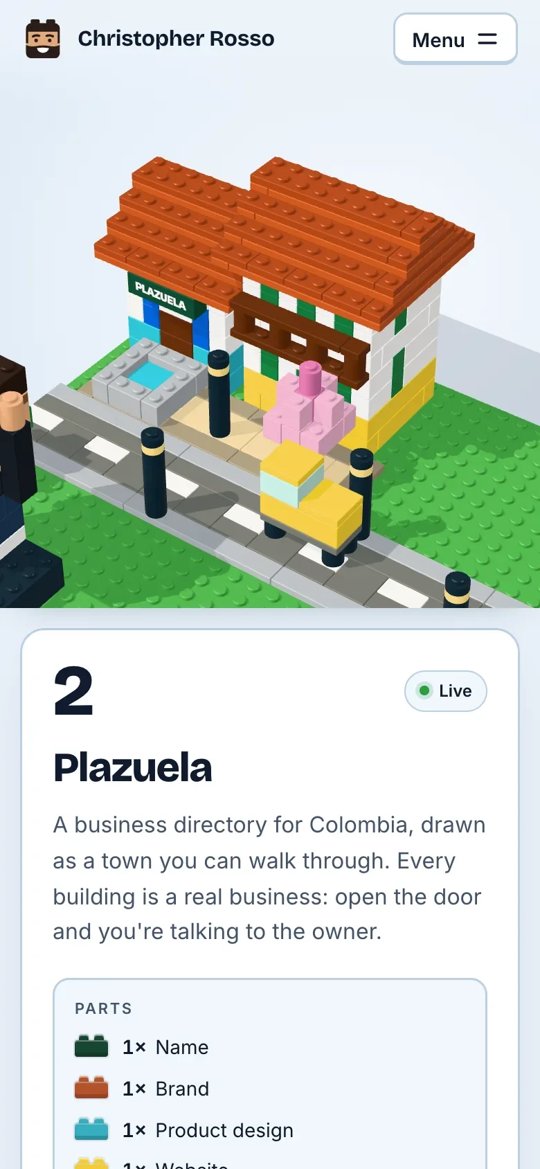 Step 2 of the home page on a phone: the brick town above, the step's card below