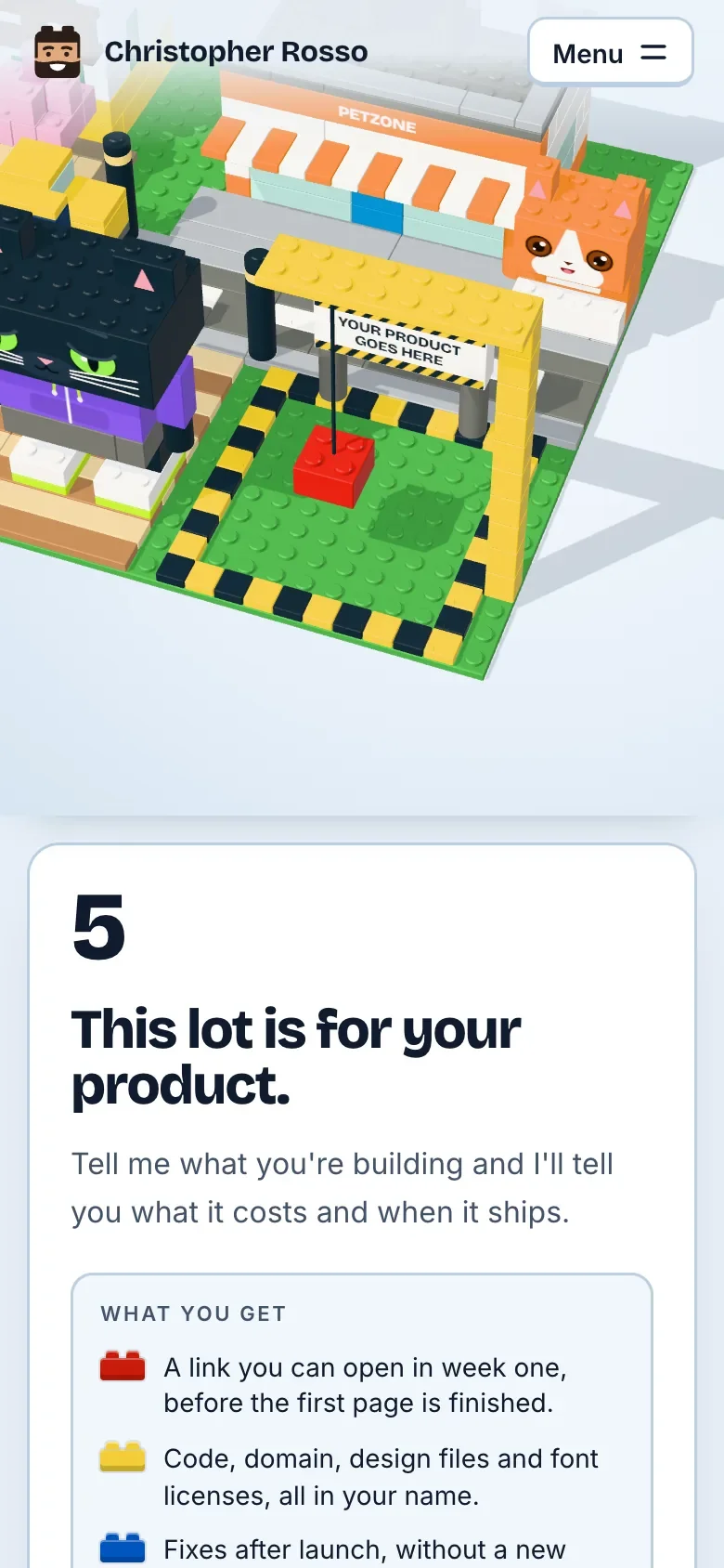 Step 5 of the home page on a phone: the brick town above, the step's card below