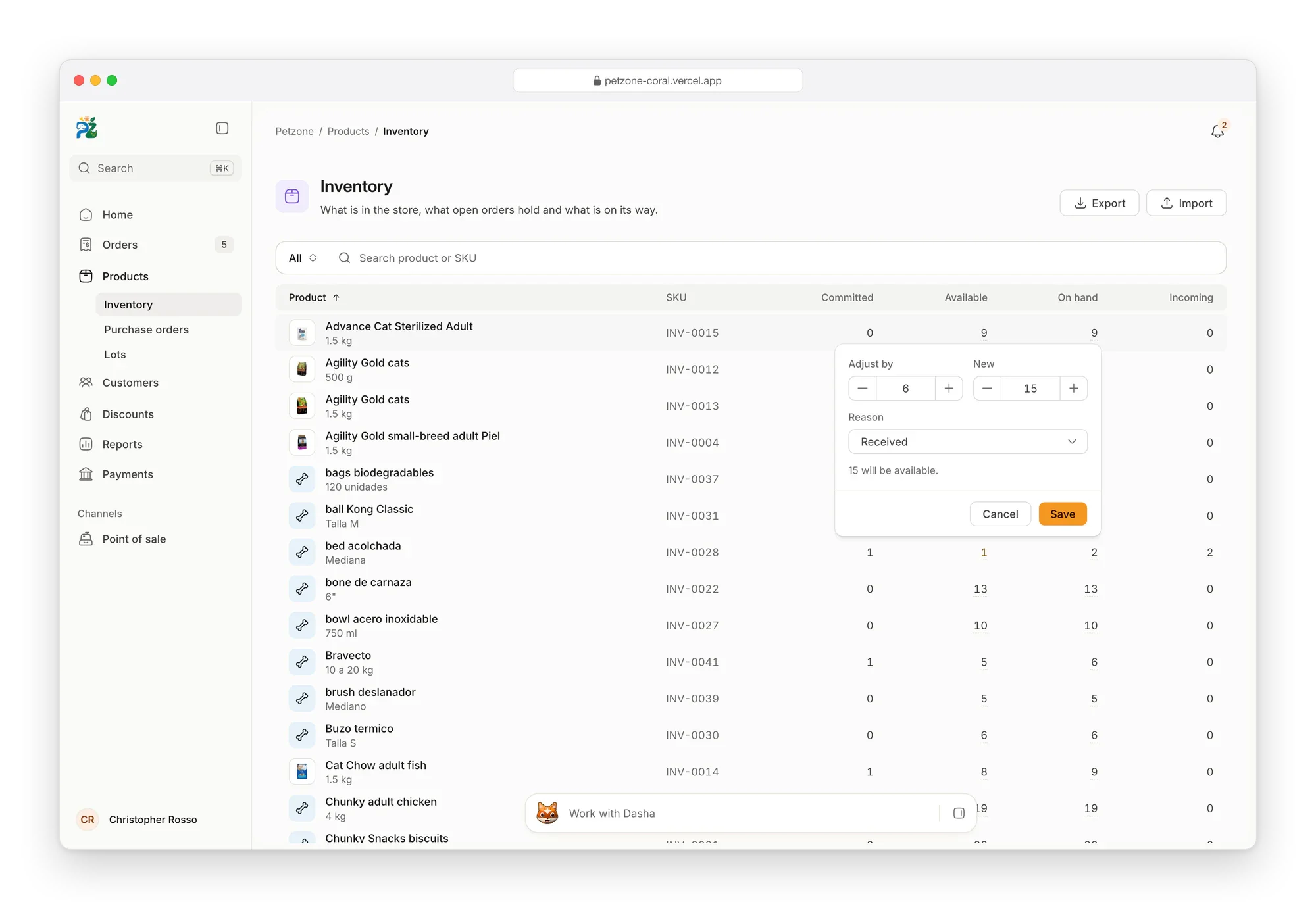Petzone inventory, each product and SKU with its units committed, available, on hand and incoming, and one product's on-hand count open in place: adjust it by 6 or type the new count, 15, with the reason, received, and what will be available