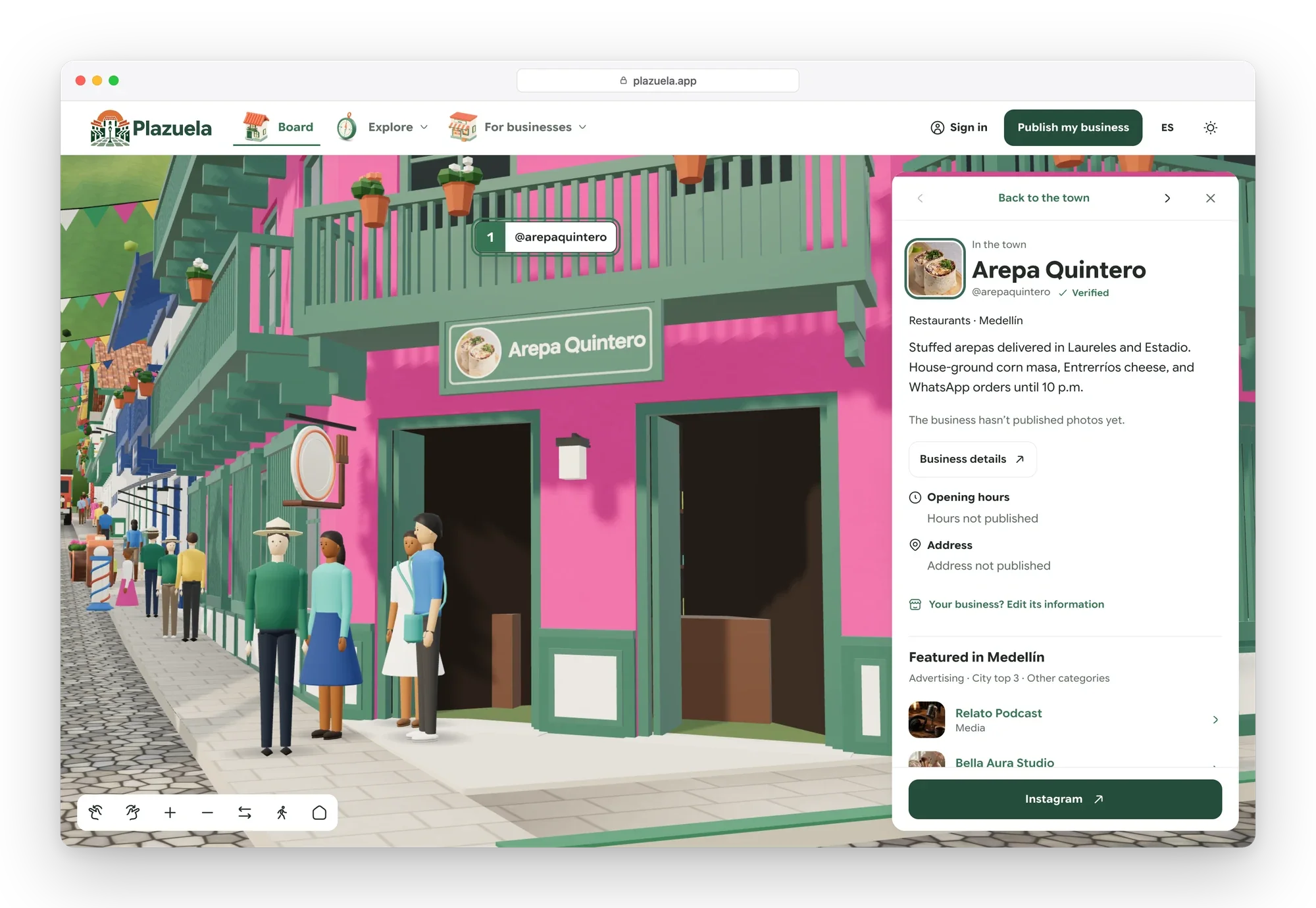 Street-level view of a pink restaurant storefront with its sign, and a side panel with the business's description, hours, address and Instagram link
