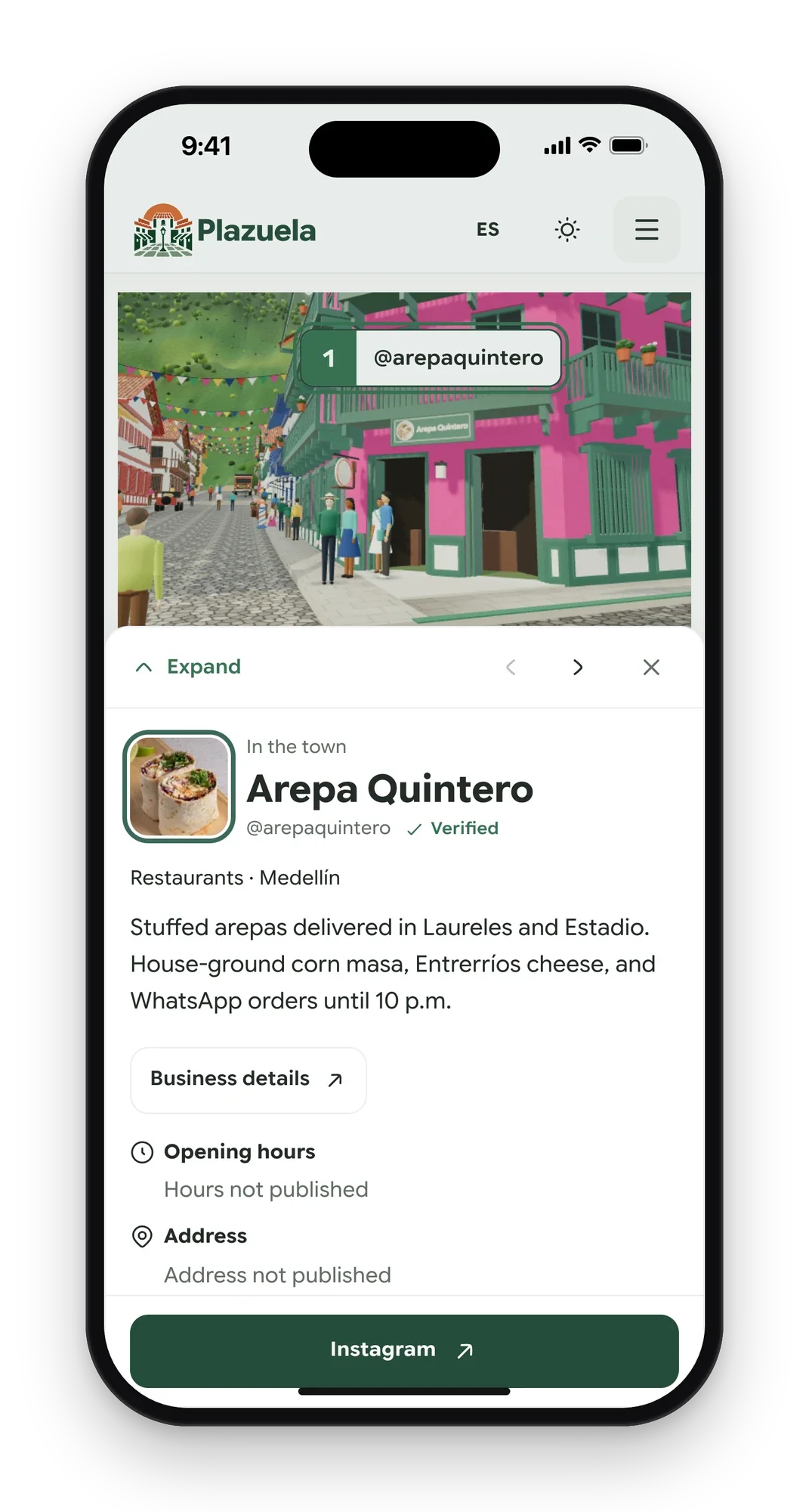 A restaurant storefront on a phone, with its details in a sheet below