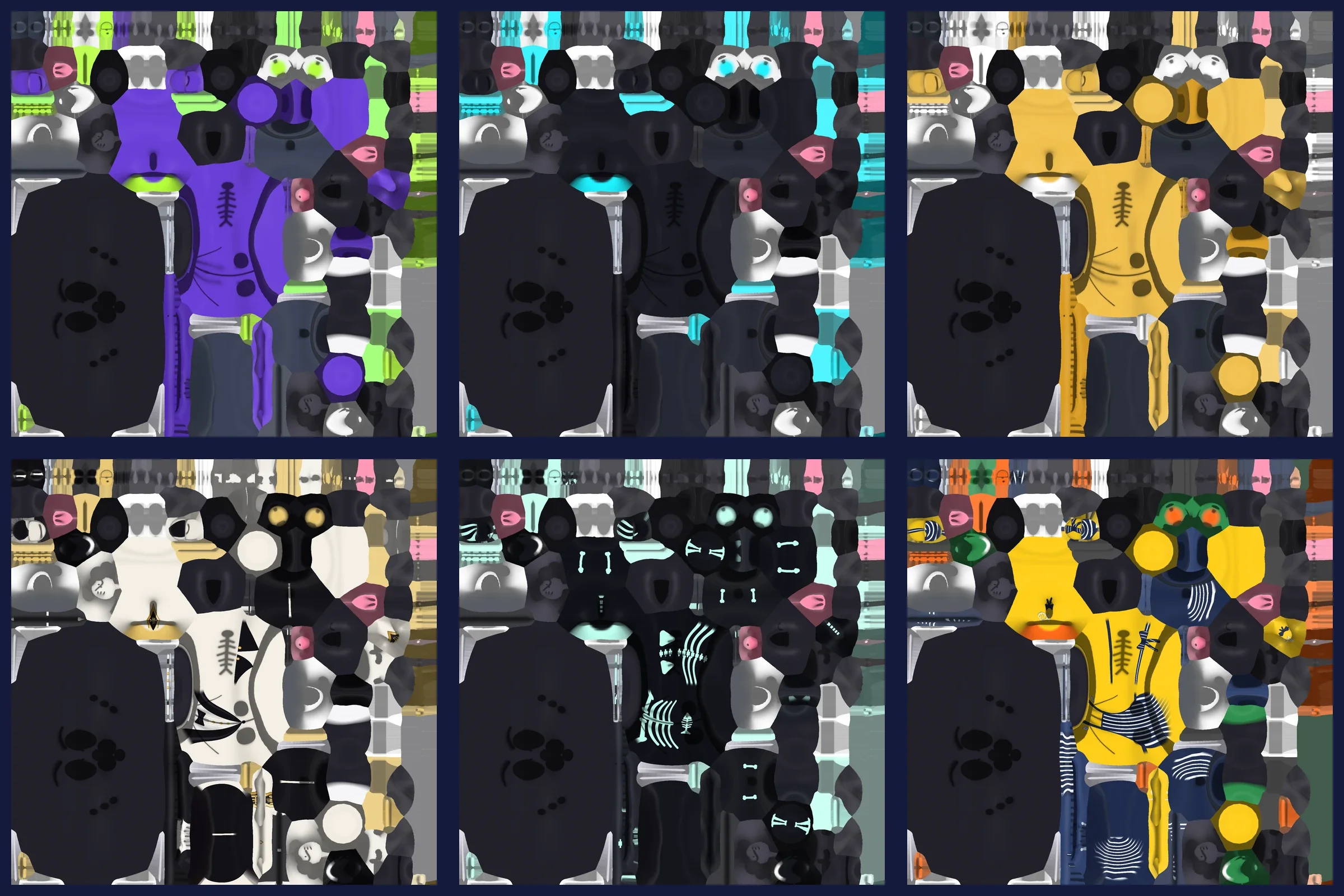 Six painted texture sheets laid flat, one for each of Jinx's looks