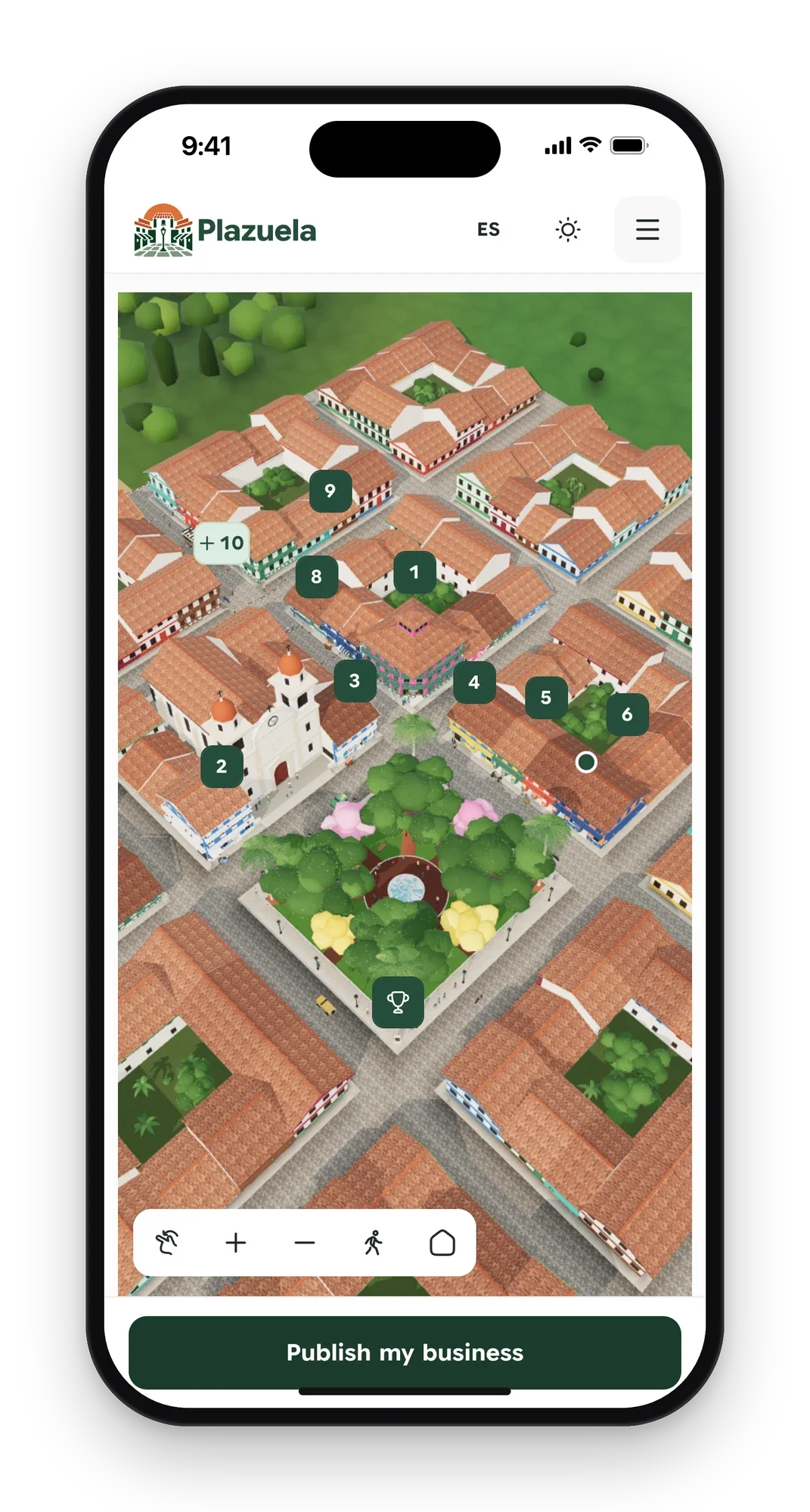 Plazuela town on a phone with numbered buildings, map controls and a publish button at the bottom