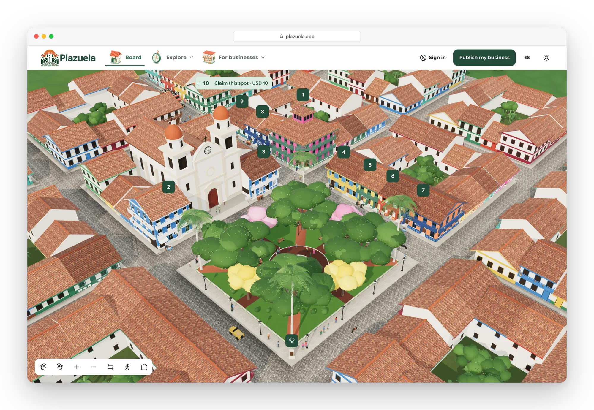 Plazuela 3D town around a plaza with a church, numbered markers on the buildings and an open spot offered from USD 10