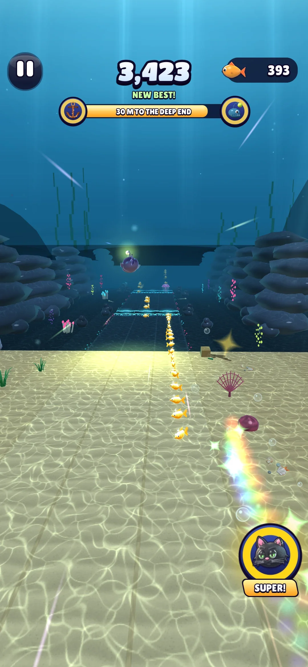 The Deep End in near darkness, lit by Lantern Lou, an anglerfish swimming ahead, with glowing hazards on the sea floor