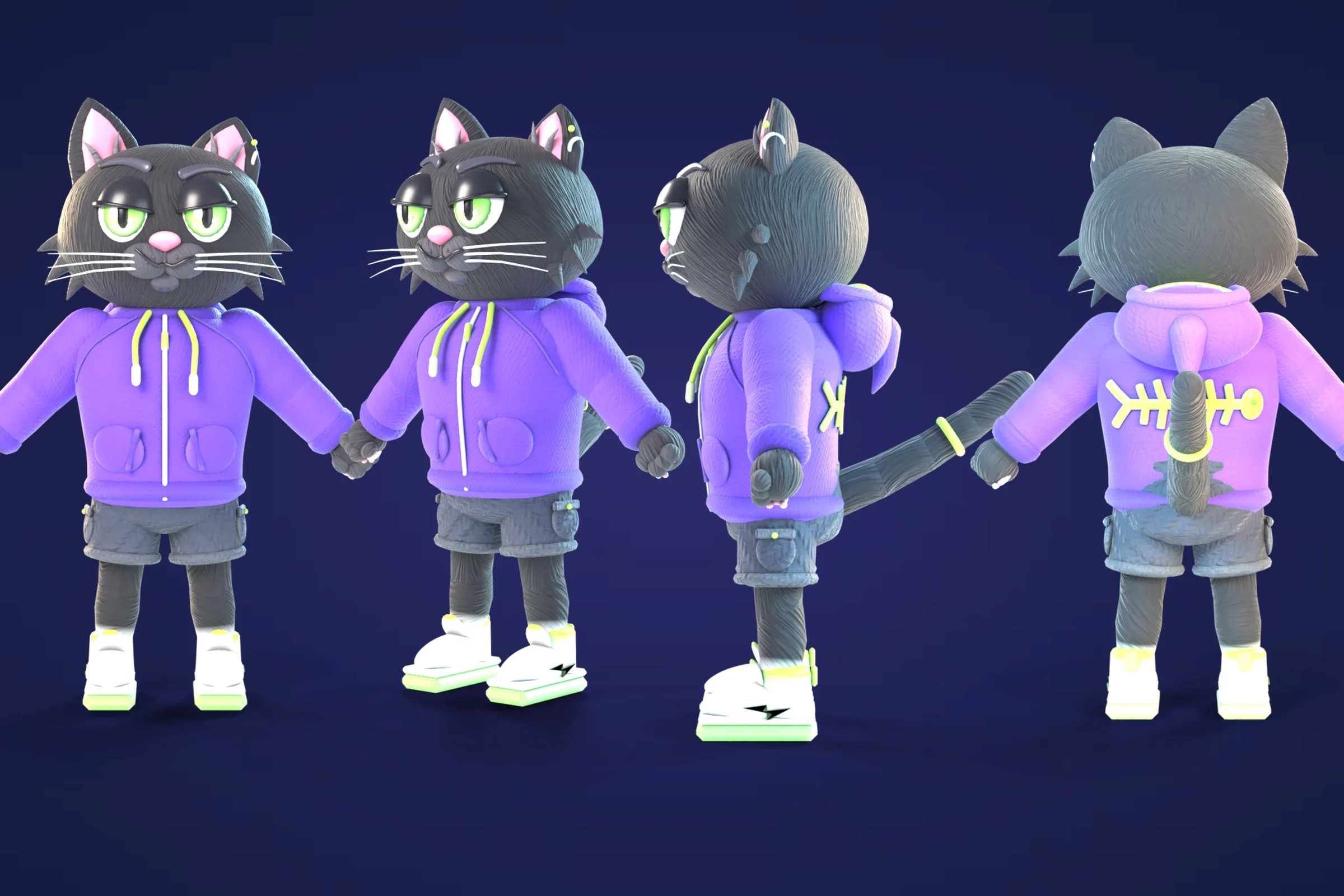 Jinx from the front, three-quarter, side and back, in his purple hoodie, shorts and sneakers