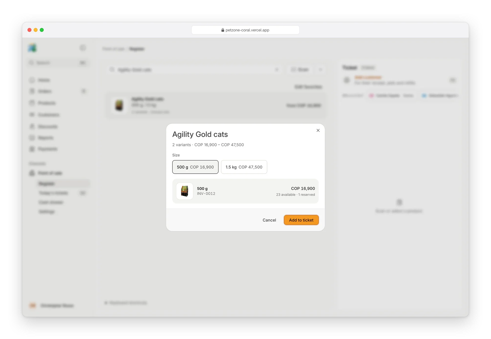 Petzone variant picker over the register for Agility Gold cats: two sizes with their prices, and the chosen size's SKU, price and stock