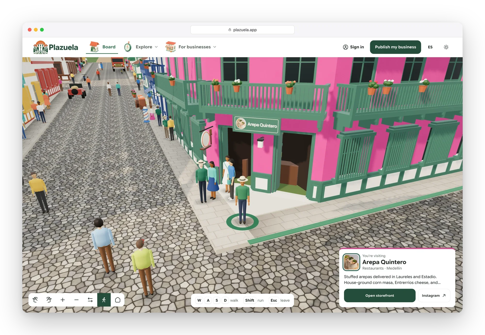 Street-level walk up to a pink restaurant storefront, with neighbors on the cobblestones and a card to open the storefront or its Instagram