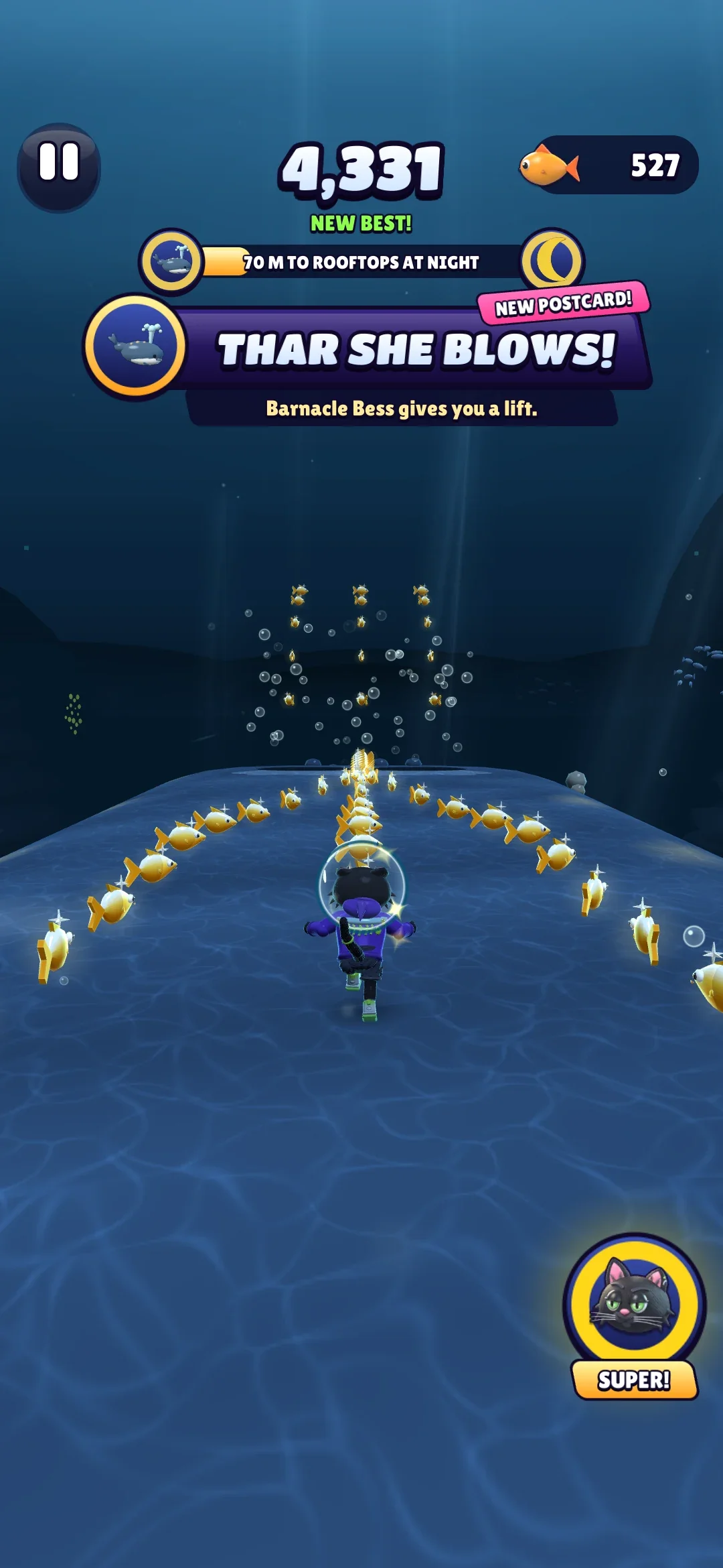 Jinx on the back of Barnacle Bess, a whale, with lines of fish leading to her blowhole and a THAR SHE BLOWS! card