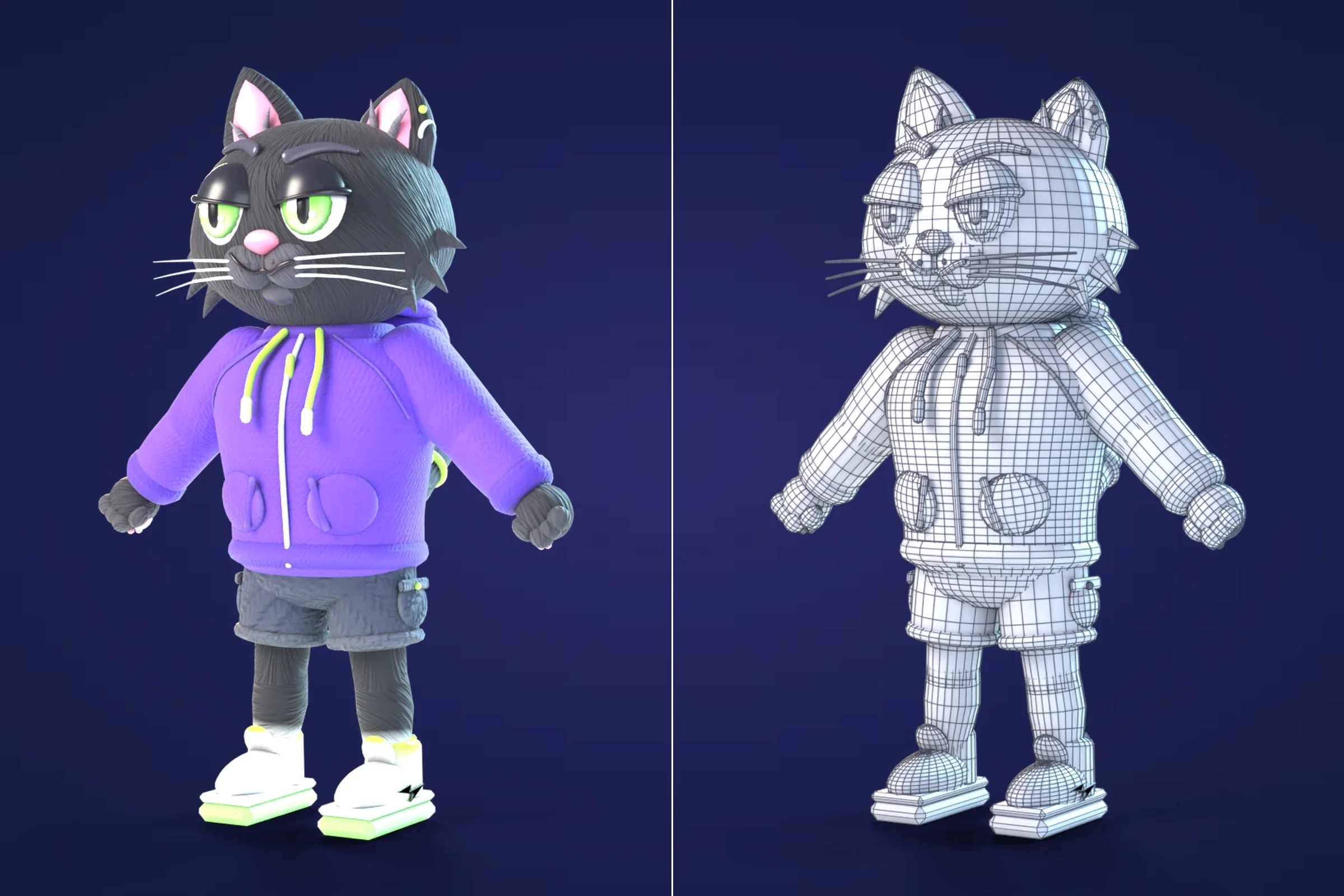 Jinx rendered with his painted textures beside the same model in grey with its wireframe drawn over it