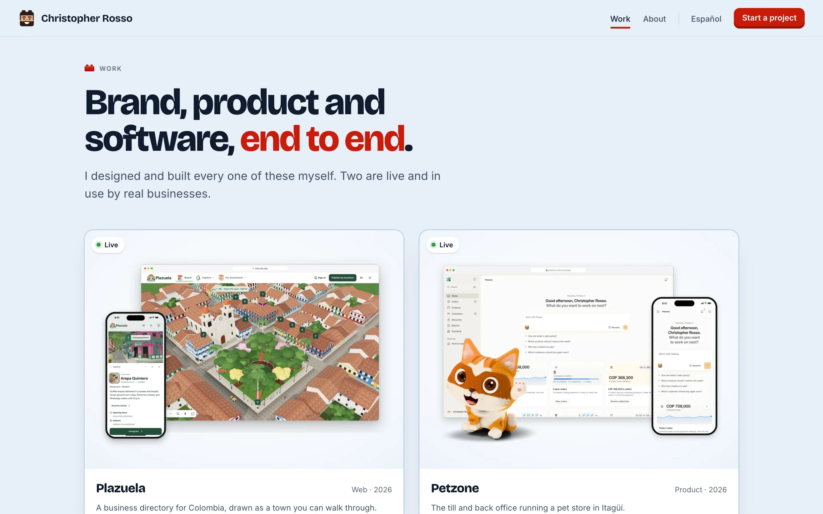 The Work page: a headline with its last words in brick red, and white cards for each project