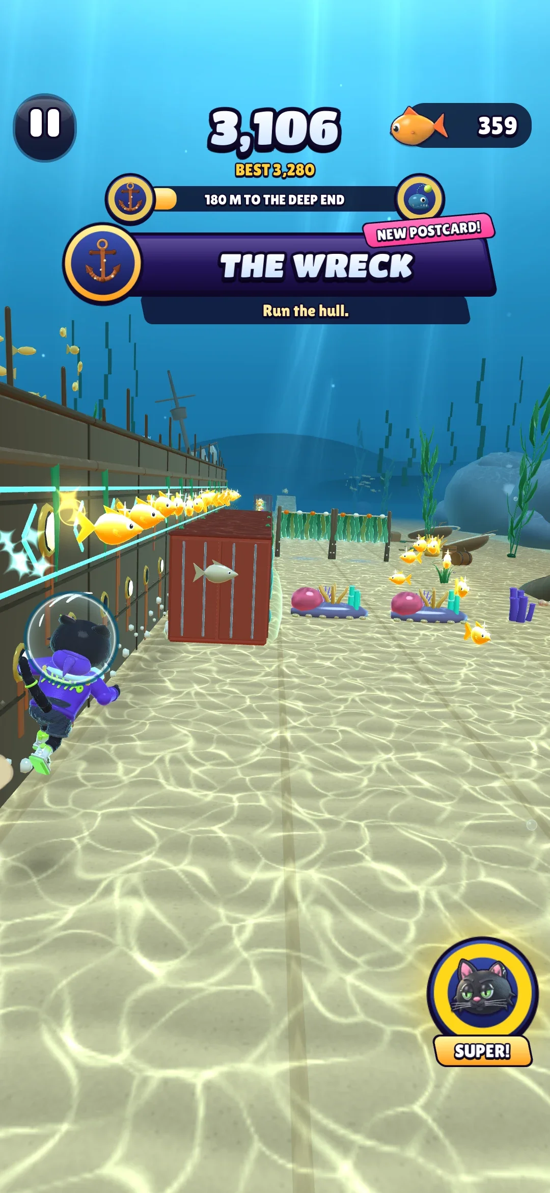 Jinx running along the side of a sunken ship's hull, under the Wreck's place card